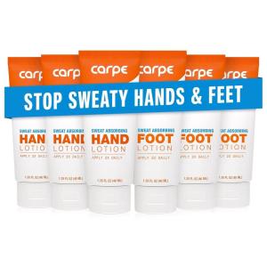 imageCarpe Sweat Absorbing Hand and Foot Lotion Bundle 3 Hand and 3 Foot Tubes Stop Sweaty Hands and Sweaty Smelly Feet DermatologistRecommended